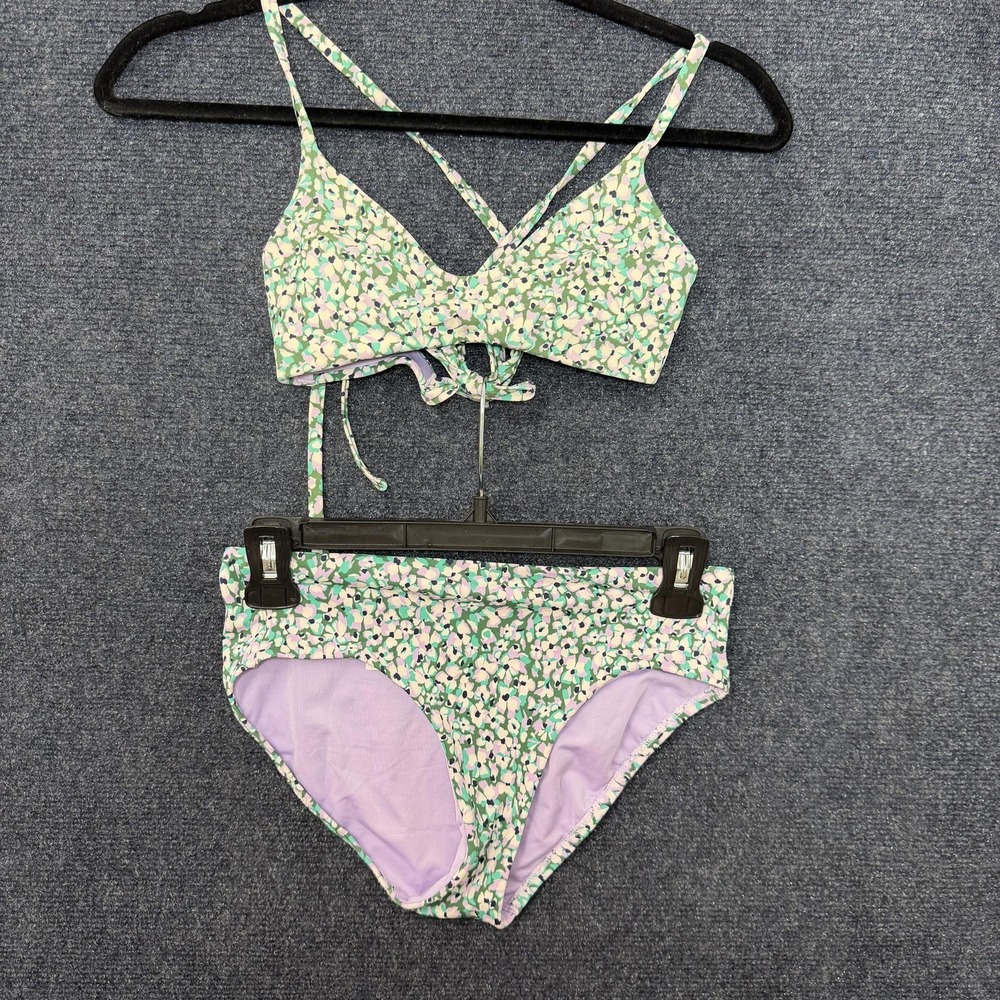 Athleta Bikini Swimsuit Womens XXS Green Floral Two Piece Tie Strap Crossback
